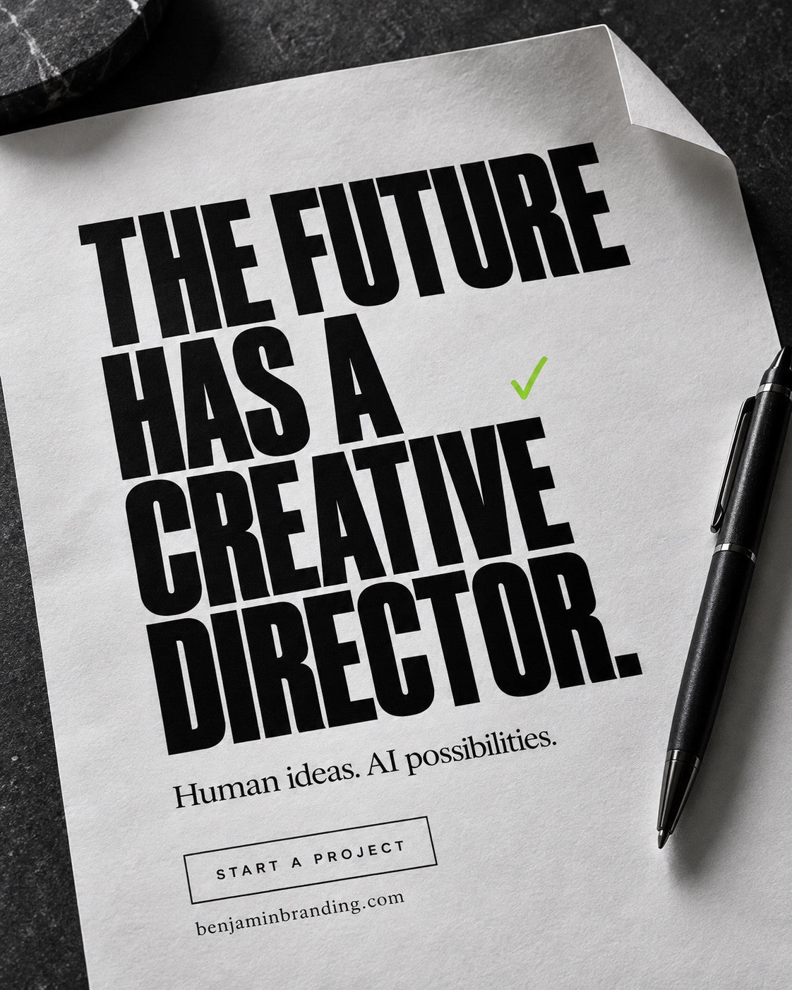 A notebook and pen with a bold creative-direction headline. Benjamin Branding creative: The future has a creative director.