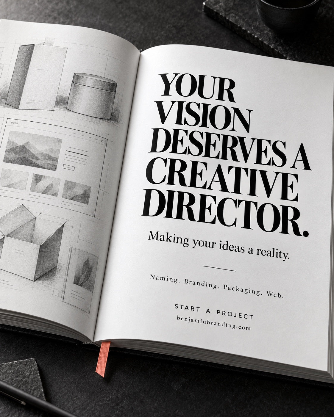 An open portfolio book with packaging sketches and a creative-direction headline. Benjamin Branding creative: Your vision deserves a creative director.