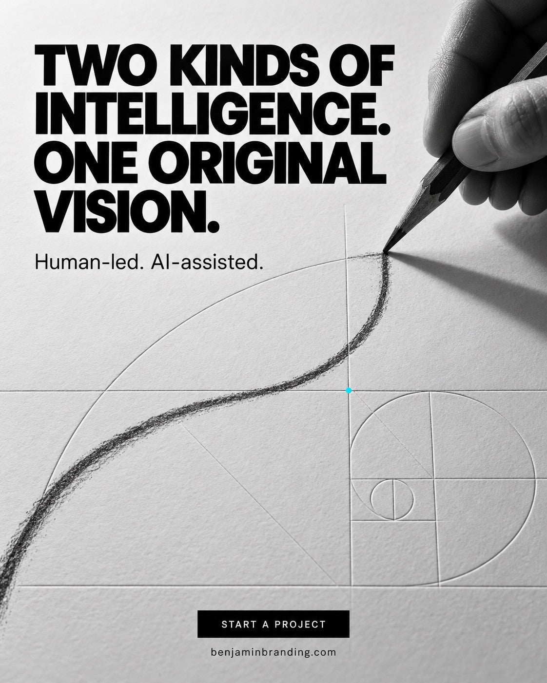 A hand sketching a curved line over a geometric construction grid. Benjamin Branding creative: Two kinds of intelligence. One original vision.