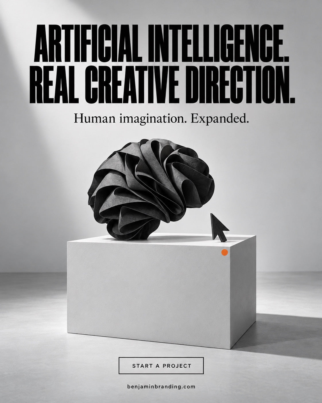 A sculptural black form and cursor arrow on a white plinth. Benjamin Branding creative: Artificial intelligence. Real creative direction.