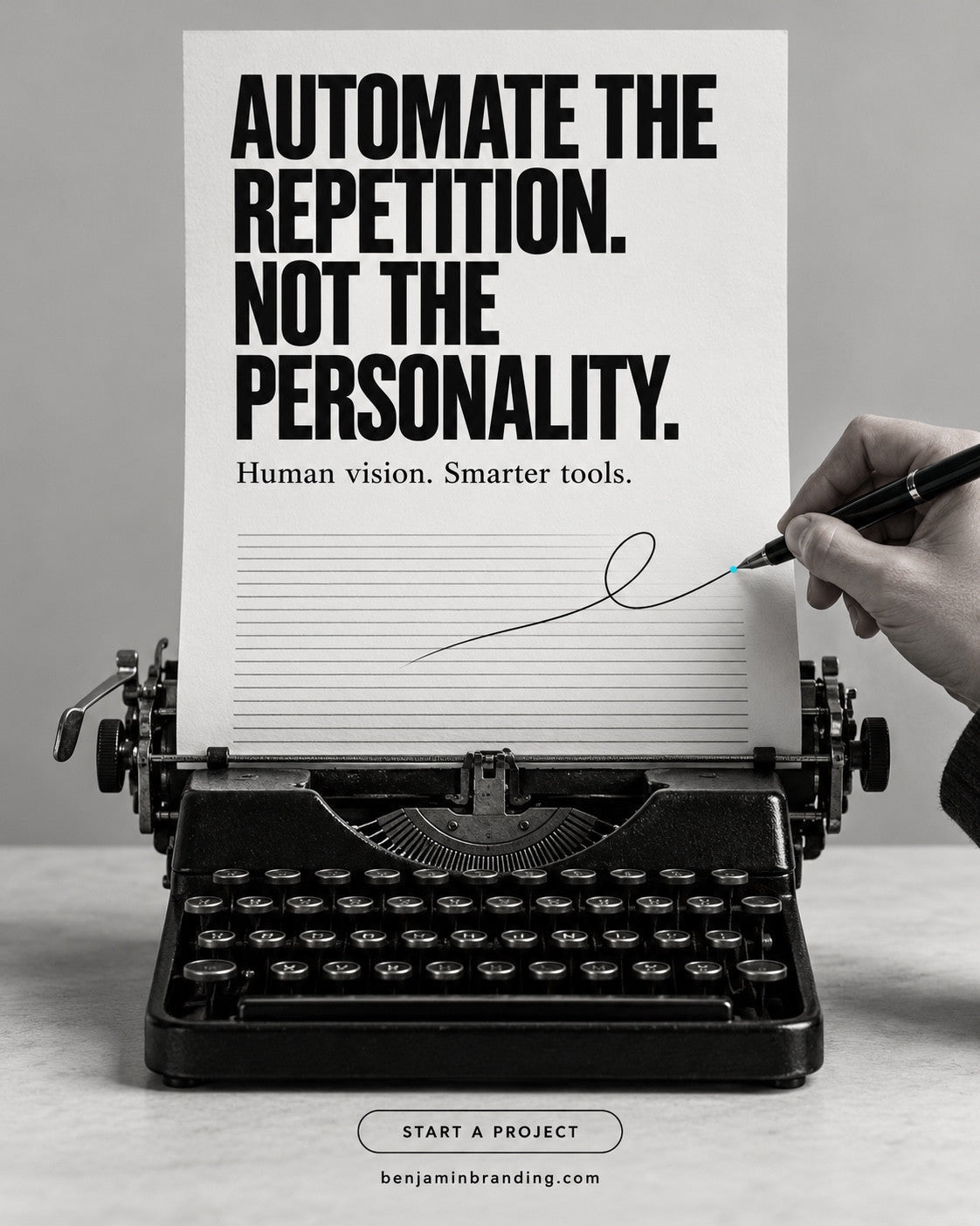 A typewriter and hand drawing a signature-like line on paper. Benjamin Branding creative: Automate the repetition. Not the personality.
