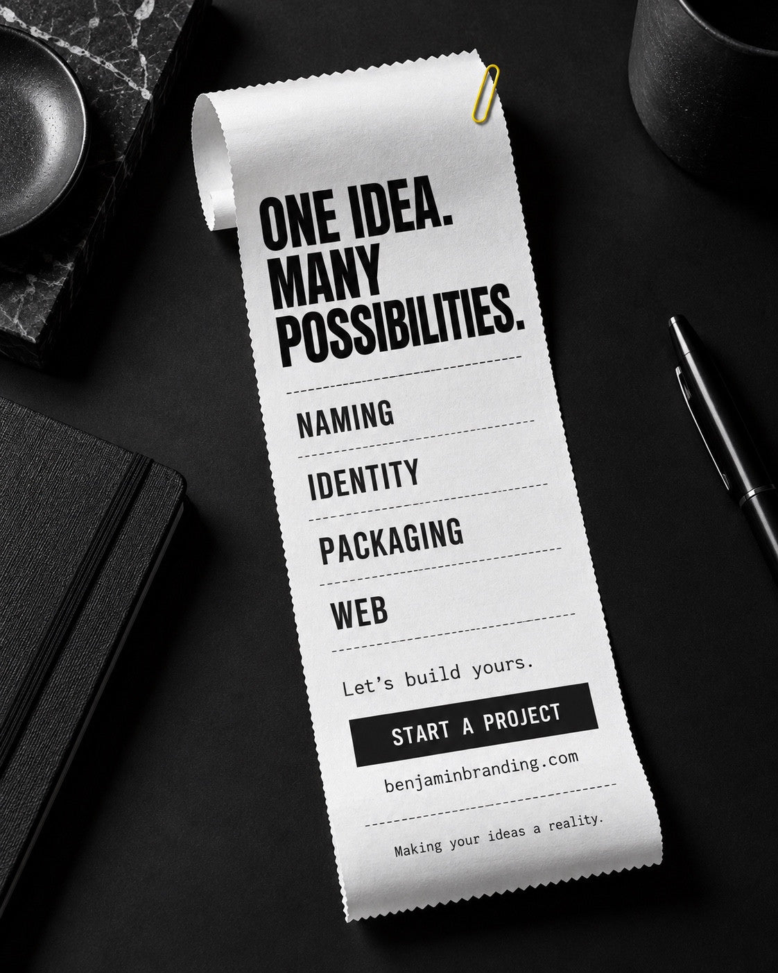 A printed receipt listing naming, identity, packaging and web beneath One idea. Many possibilities.