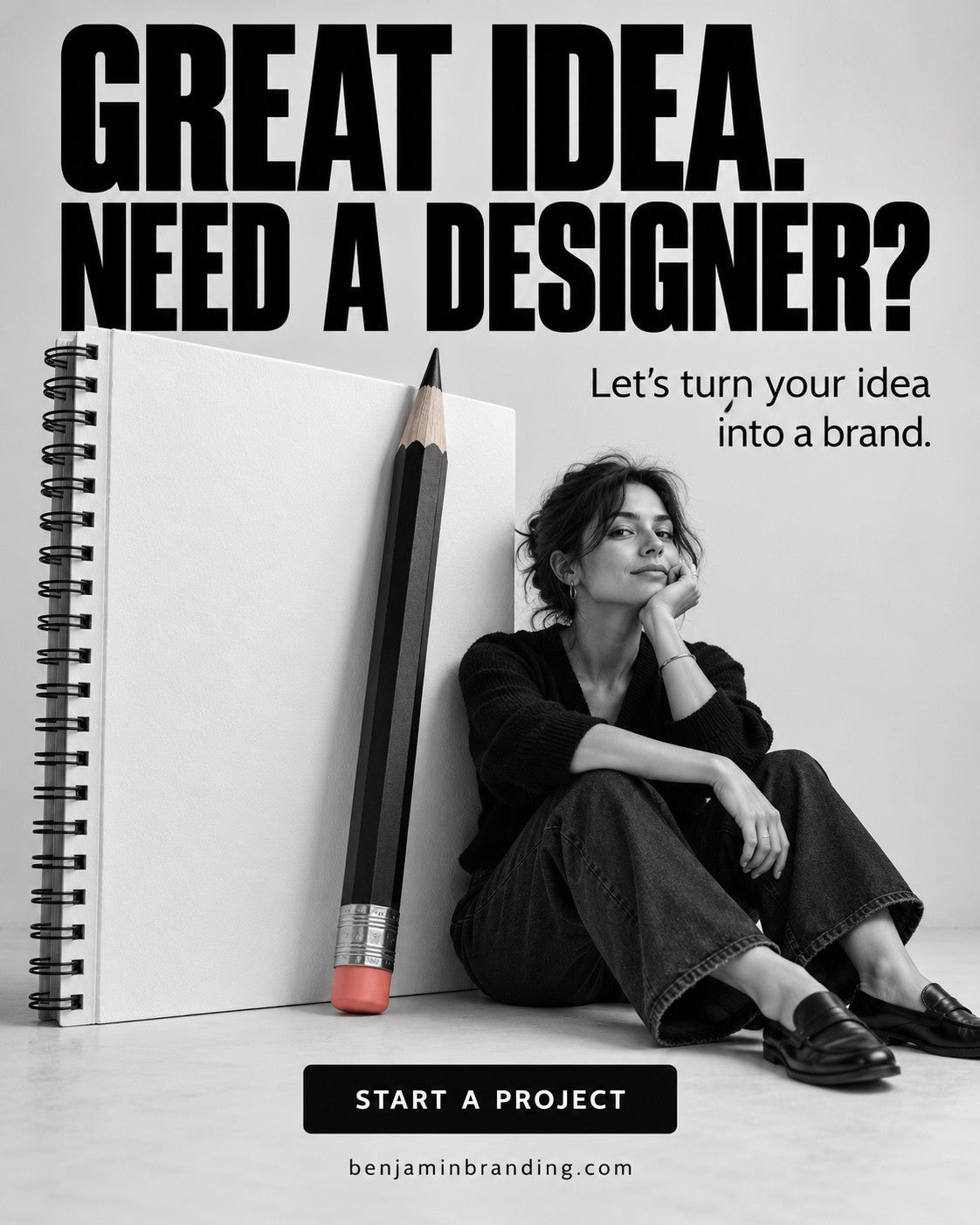 A woman beside an oversized notebook and pencil. Benjamin Branding creative: Great idea. Need a designer?