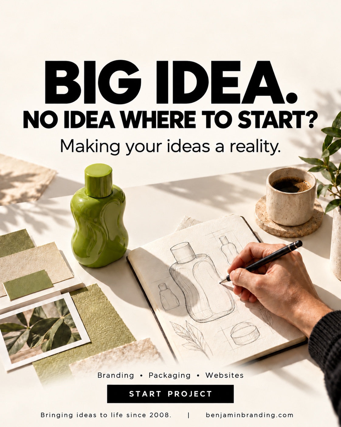 A hand sketching a bottle beside swatches and a green product container. Benjamin Branding creative: Big idea. No idea where to start?