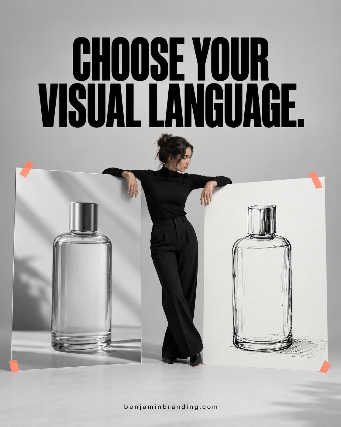 Designer comparing a bottle photograph with a line illustration beneath Choose your visual language.