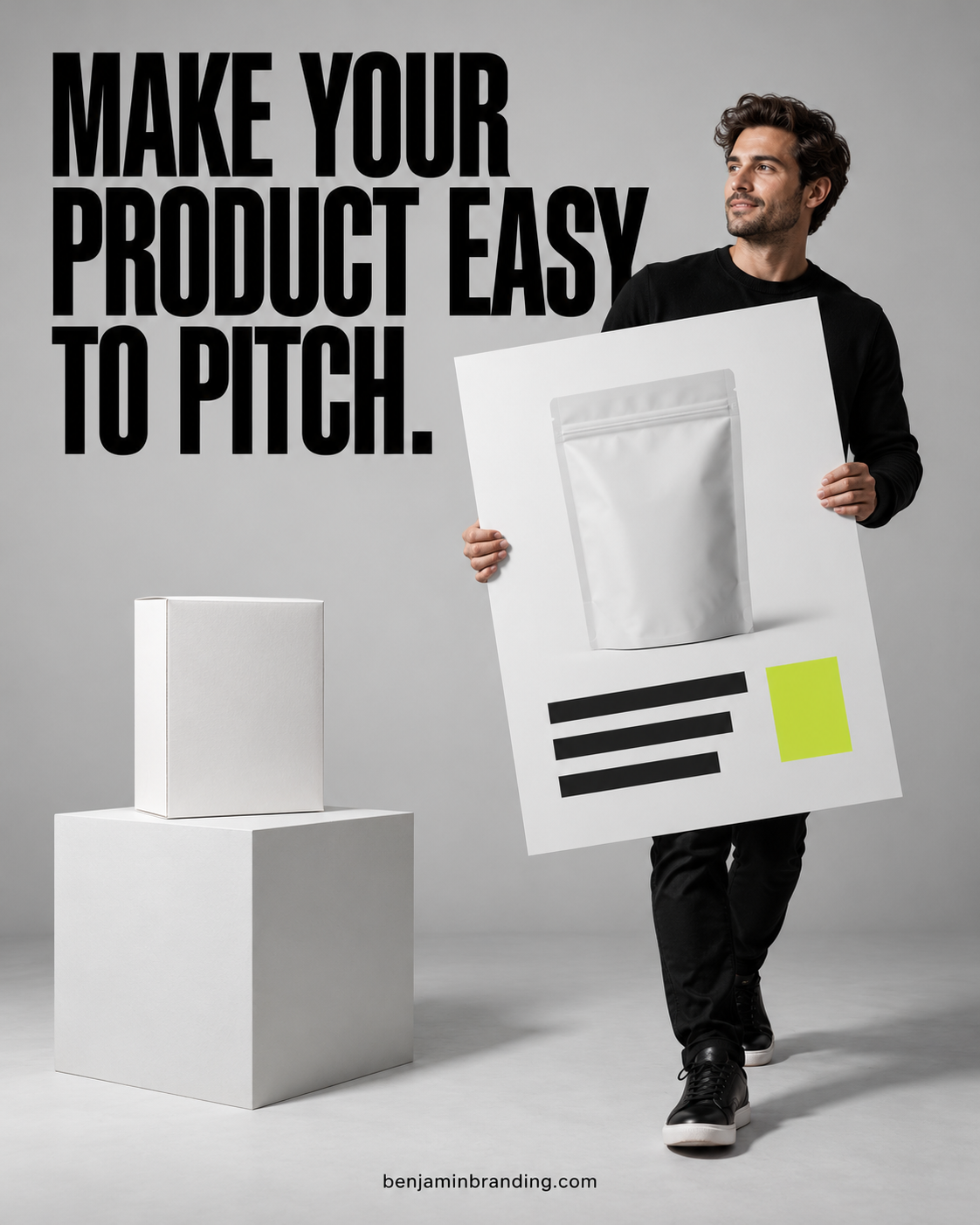 Founder holding an oversized product sell sheet beneath Make your product easy to pitch.