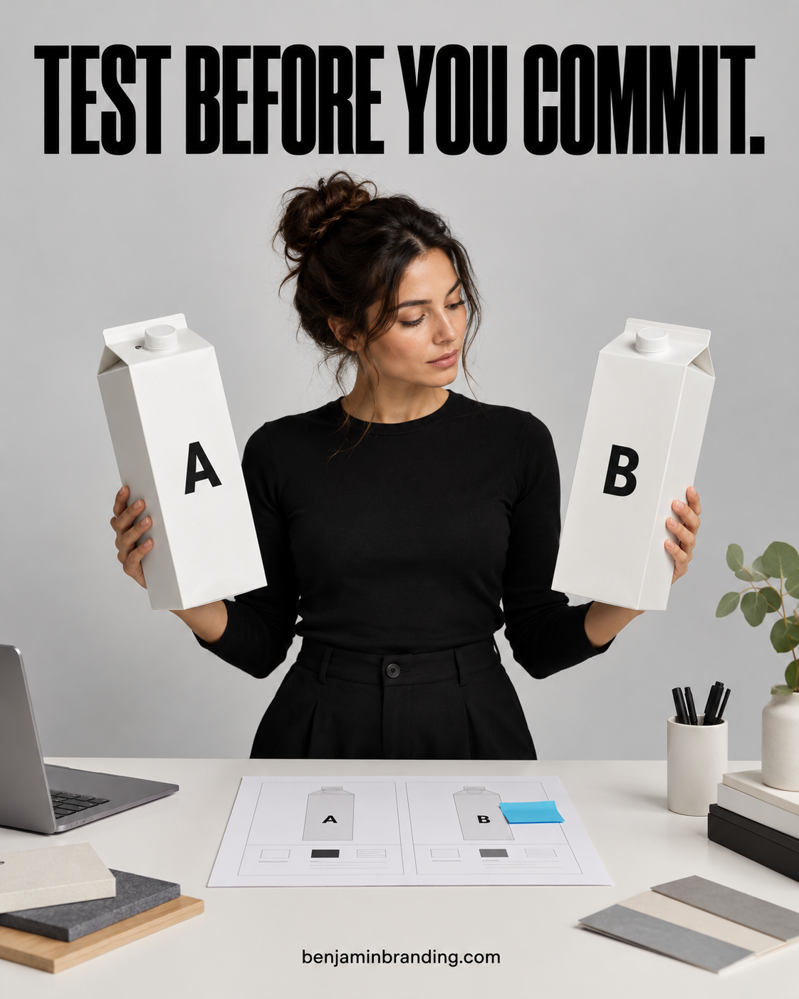 Designer comparing two oversized carton concepts marked A and B beneath Test before you commit.