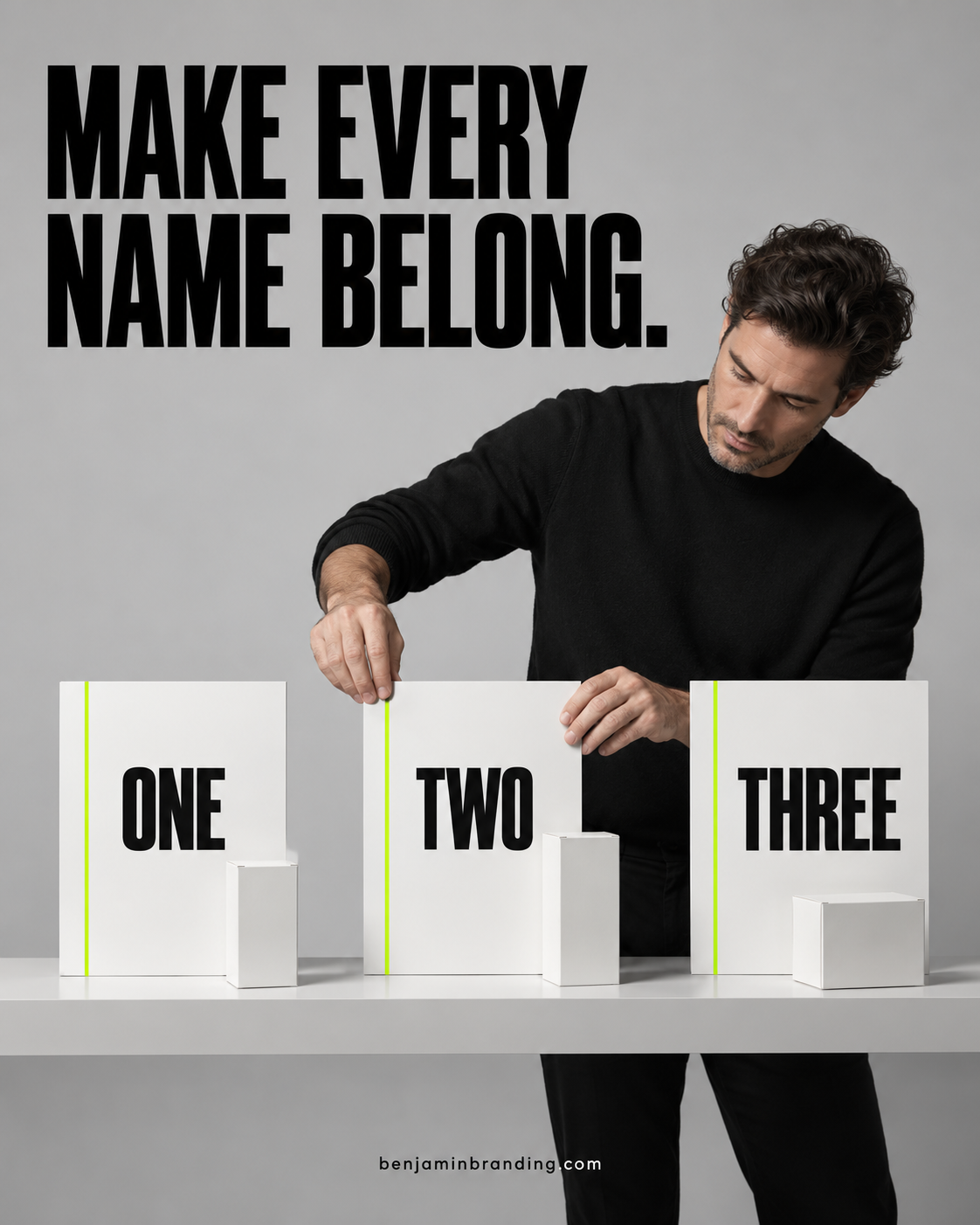 Designer arranging coordinated product-name cards beneath Make every name belong.